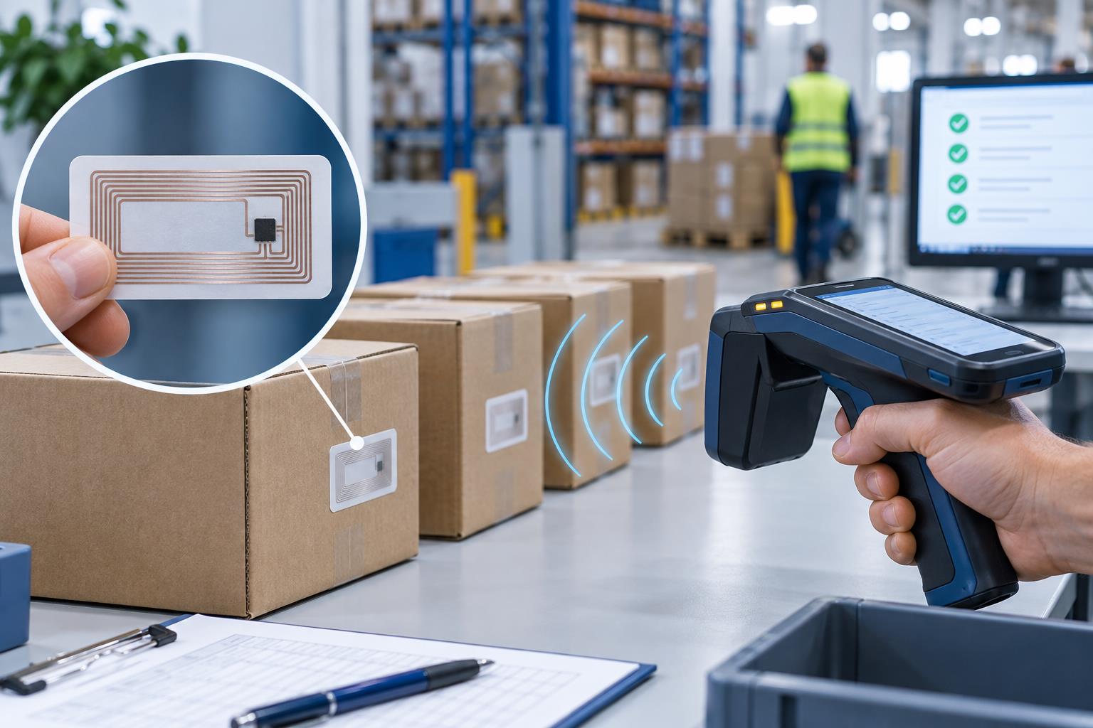 Lector y etiquetas RFID en un almacén
